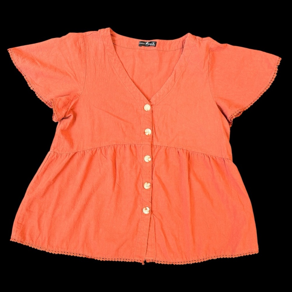 Emery Rose Rust Orange Button Blouse with Lace Trim - Picture 2 of 5